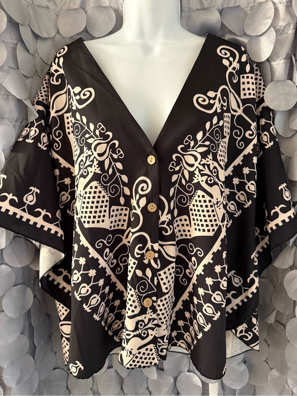 Black & Cream Printed V-Neck Button Front Women's Top